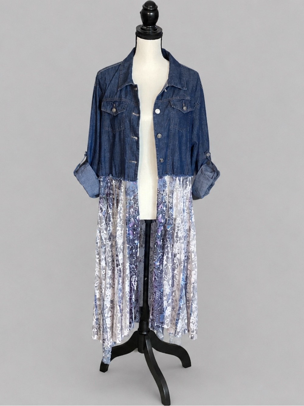Denim & Floral Lace Maxi Jean Jacket - Blue